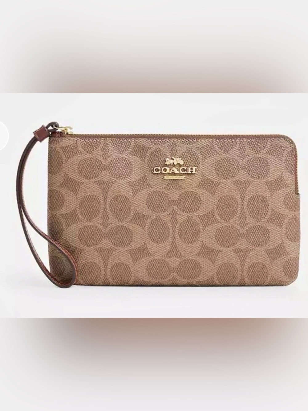 COACH Large Corner Zip Wristlet In Signature Canvas Brown & White